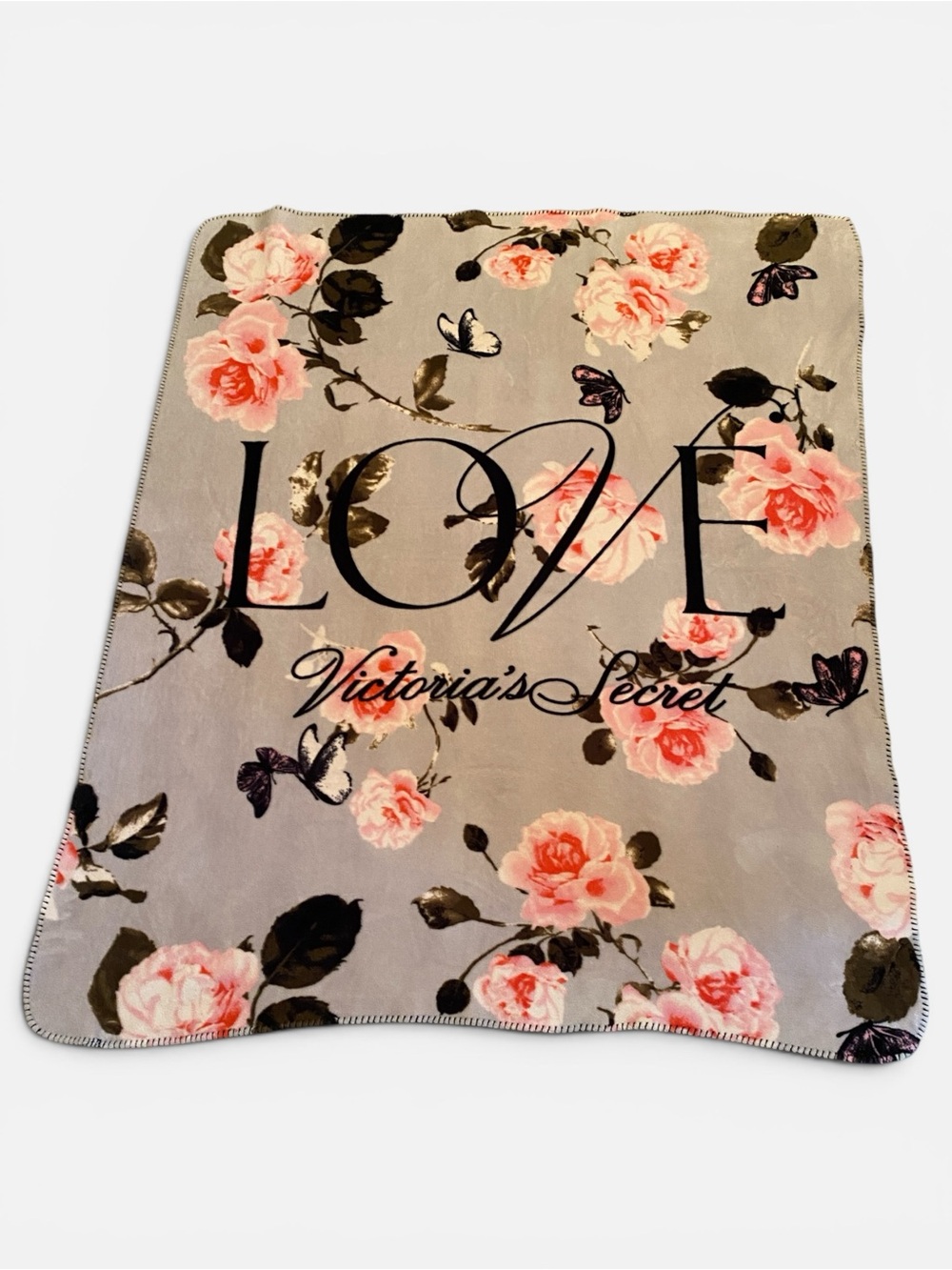 Victoria's Secret Cozy Pink Rose LOVE Throw Blanket on Gray, 50x60 inches